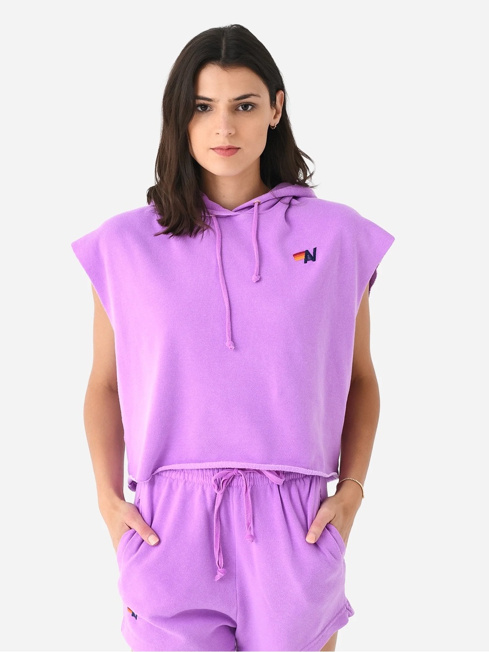 Aviator nation Logo Embroidery Sleeveless Relaxed Cropped Pullover Hoodie